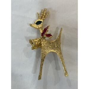 Gold Tone Enamel Reindeer Pin Brooch 2 1/4" Tall